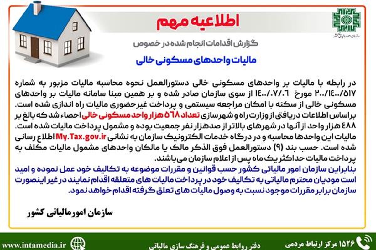 گزارش اقدامات انجام شده در خصوص مالیات بر واحدهای مسکونی خالی