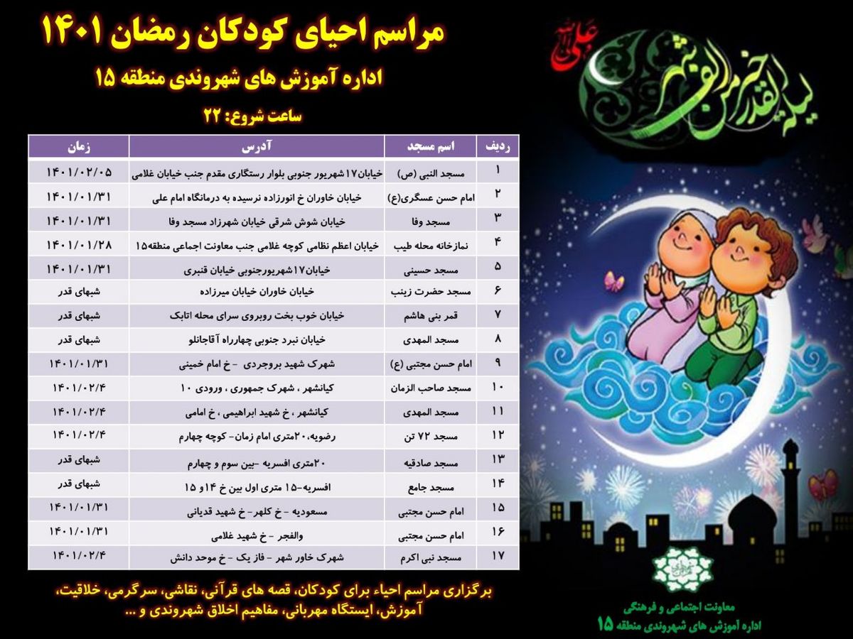برپایی ایستگاه های احیا ویژه کودکان در ۱۷ مسجد شاخص منطقه ۱۵