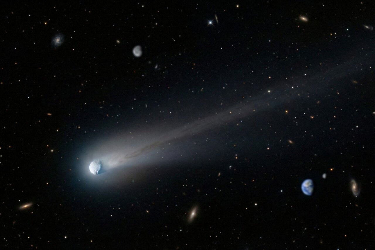 دنباله‌دار 3I/ATLAS در تاریخ ۱۶ نوامبر با دم بلند و همچنین «ضد دم ثانویه خود.